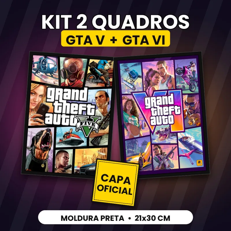 Kit 2 Quadros GTA V + GTA VI Capa Oficial Moldura Preta 21x30cm Decoração Gamer Quarto Setup /GTA 6 LEONIDA