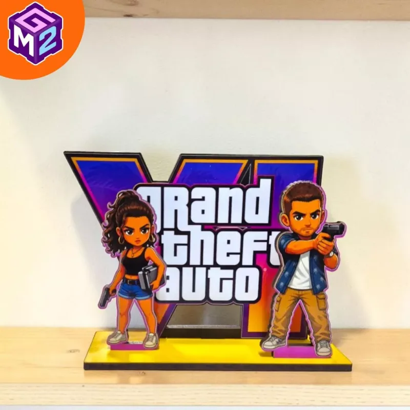 Totem display de Mesa GTA 6 Grand Theft Auto VI 15cm MDF – Jason e Lucia Decoração Gamer