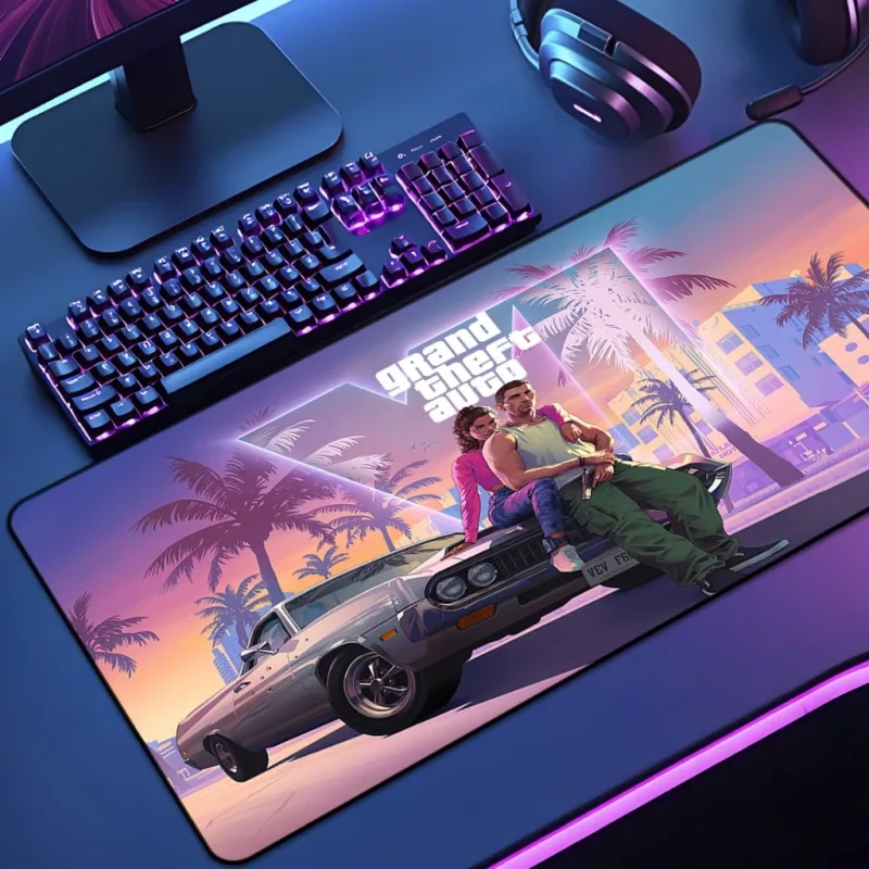 Mouse Pad Grande Gamer Gta 6 65x30 70x35 80x35 90x40 90x50 120x60 Antiderrapante Borda Costurada