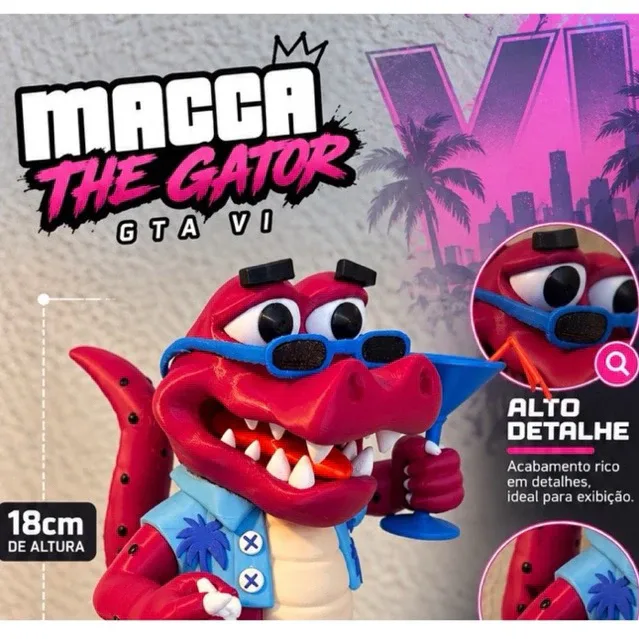 Mascote GTA 6 Figure Macca The Gator - GTA VI - VICE CITY LEONIDA - JACARÉ GTA VI - COLECIONADOR